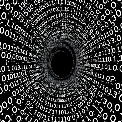 Generate an image of a swirling vortex made of binary code numbers in black and white, with a high-resolution setting of 300 DPI, shot with a Canon EOS 5D Mark IV at f/8 aperture, 24mm lens, using a wide-angle view to enhance depth, and a slight zoom effect for a dynamic perspective.