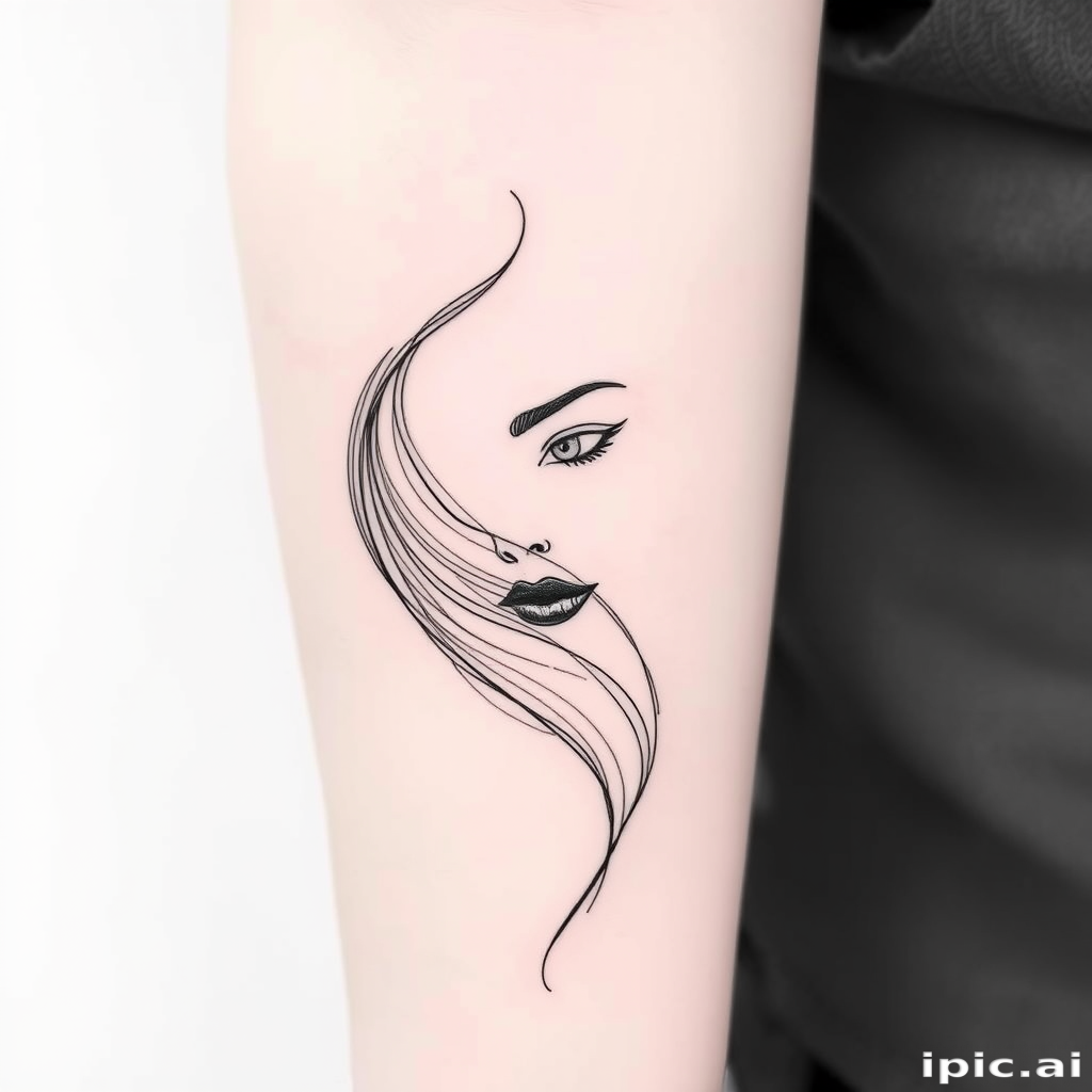 Minimalist single-line tattoo titled "Fluid Essence" using continuous thin black lines to create a flowing portrait that captures emotion and movement in its simplicity