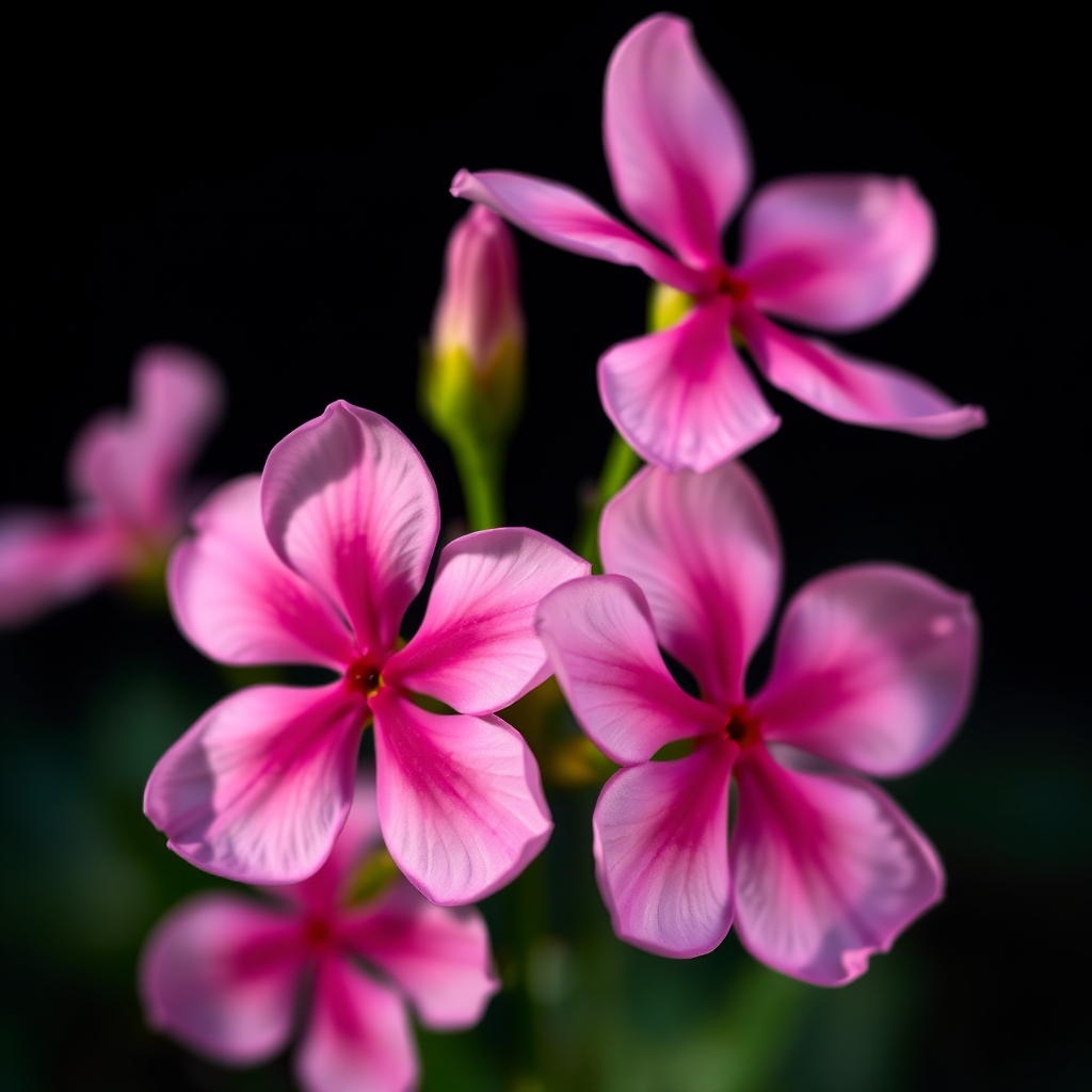 A close-up shot of pink flowers with soft petals, 50mm lens, f/2.8 aperture, ISO 100, natural light, shallow depth of field, DSLR camera, vibrant colors against a dark background.