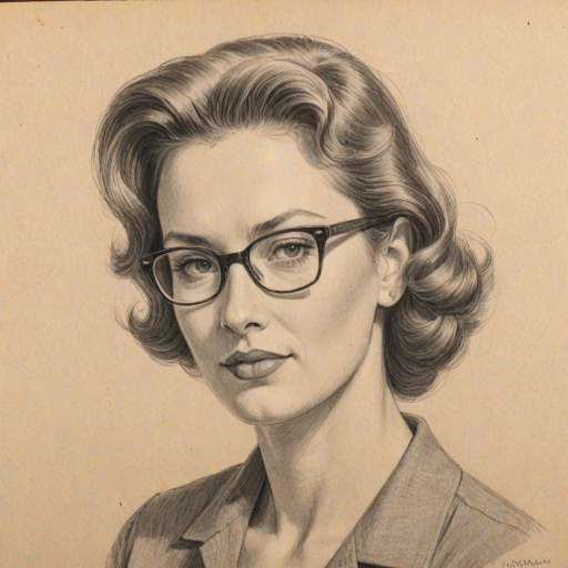 Wonderful Martha MacIsaac, pencil sketch, portrait of Pleasing woman 1954s in glasses, hair style beatnik, outline, clear lines, fine lines, 8k