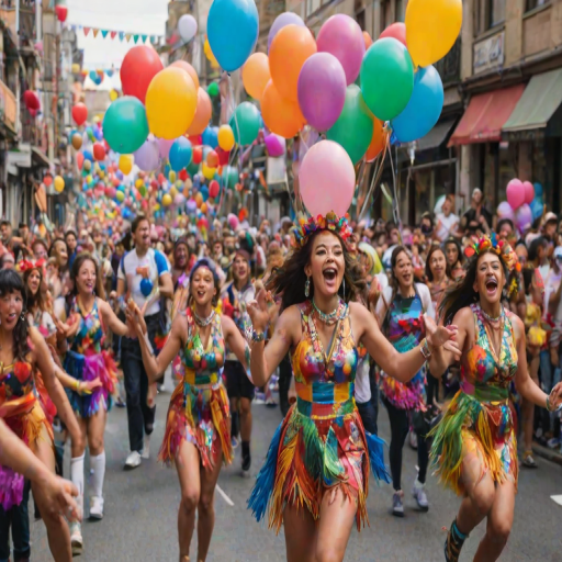 Blurry action shot of a lively street parade, with performers in colorful costumes, balloons floating in the air, and a cheering crowd softly blurred in excitement.