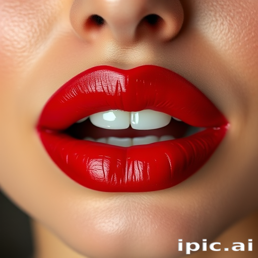 Vibrant cherry red lips with a glossy finish, showcasing plump and voluminous curves, reflecting light beautifully, exuding sensuality and confidence in a close-up portrait