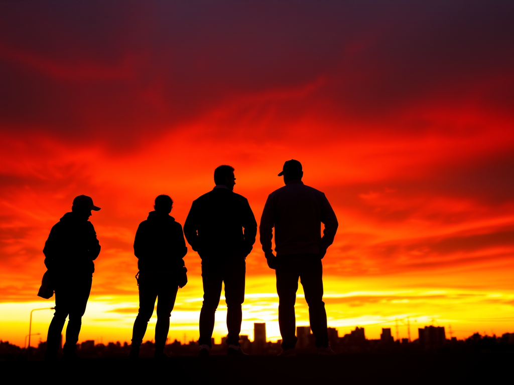 Create a dramatic sunset scene featuring four figures in silhouette against a fiery urban backdrop, using a DSLR camera, 50mm lens, f/1.8 aperture, ISO 200, shot at dusk with backlighting to enhance the contrast and vivid colors.