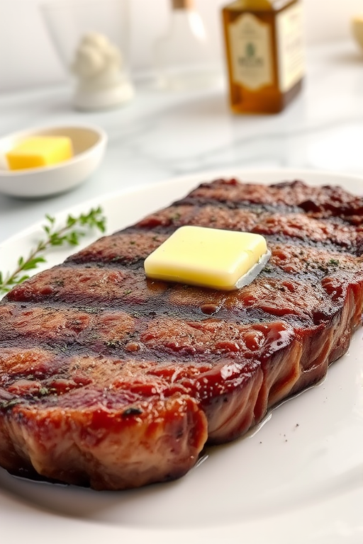 Create an image of a perfectly seared ribeye steak, resting on a white plate with a pat of melting butter on top. The steak is seasoned with fresh herbs like thyme and parsley, with glistening juices highlighting the texture of the meat. The background features a soft focus on a light, marble countertop, with a small dish of butter and an olive oil bottle in the distance. The overall mood should be warm and inviting, capturing the deliciousness and juiciness of the steak.