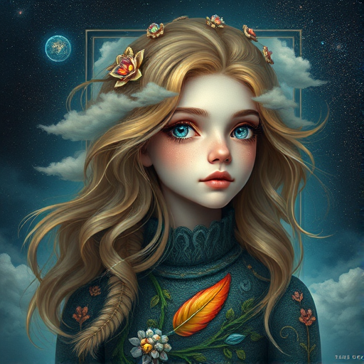 Create a series of imaginative portraits where each subject is infused with elements of fantasy and nature. The hair of the individuals should flow like clouds, varying from soft, fluffy cumulus to wispy cirrus strands, with hints of color reflecting a sunset or a clear blue sky. The eyes should be windows to entire galaxies, with stars, nebulae, and distant planets visible within them. Clothing should be adorned with nature motifs, such as floral patterns that bloom and change, vines that seem to grow and wrap around, or feathers that shimmer with iridescence. Each portrait should capture a unique personality, blending human features with the ethereal beauty of the natural and cosmic world. The backgrounds can vary, from starry night skies to enchanted forests, adding depth and context to the magical realism of the portraits