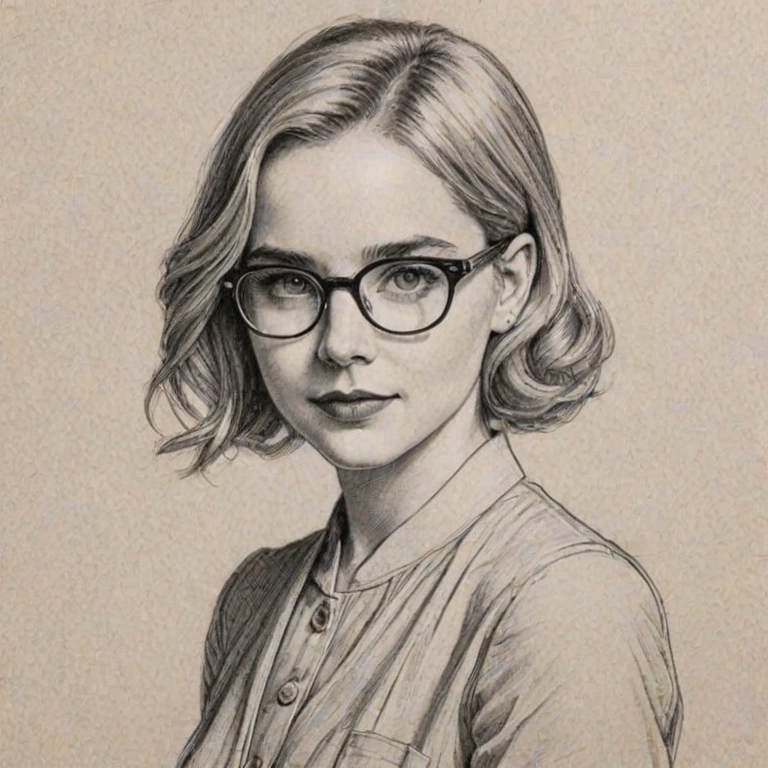 Ravishing McKenna Grace, pencil sketch, portrait of Splendid woman 1925s in glasses, hair style beatnik, outline, clear lines, fine lines, 8k