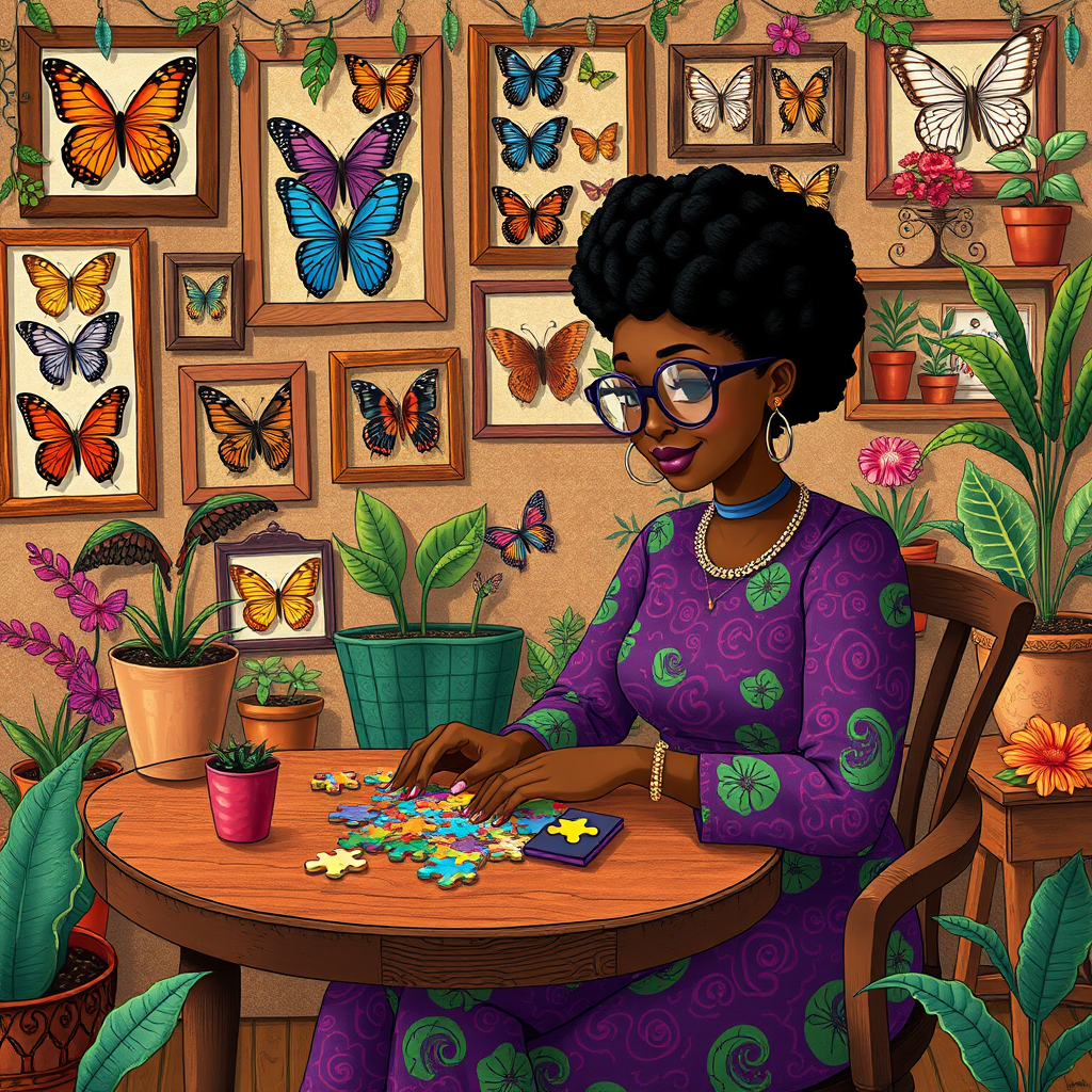 A vibrant and whimsical illustration of an african american woman sitting at a table working on a colorful jigsaw puzzle. she is wearing round glasses, and patterned clothing in shades of purple and green.  The background features an eclectic collection of framed butterflies, potted plants, and other natural elements, creating a warm and inviting atmosphere. The style is playful and modern, with rich textures, intricate details, and a lively color palette.