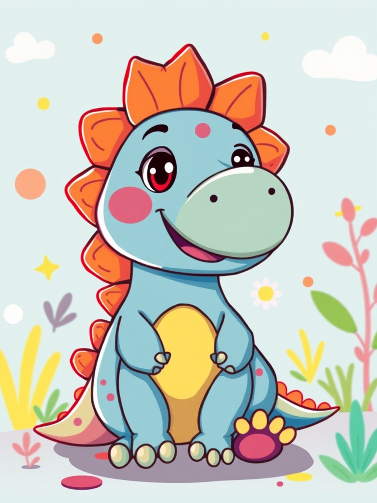 Create a vibrant and whimsical illustration of a friendly cartoon dinosaur, using a Canon EOS R5 with a 24-70mm f/2.8 lens, aperture set to f/4, ISO 200, and focal length at 50mm, in a bright and colorful style with a playful background.