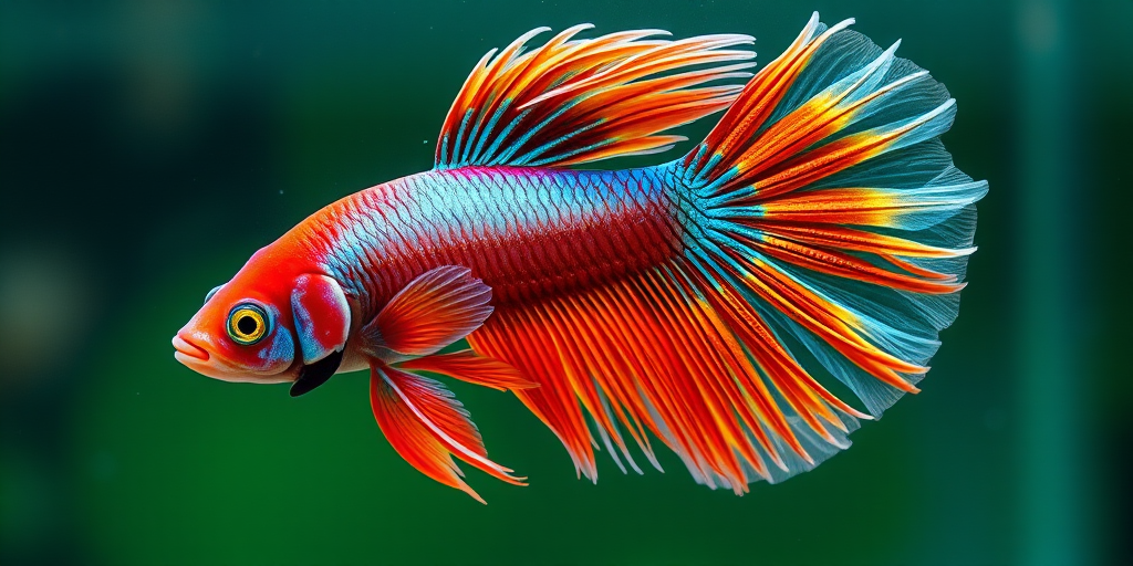 Regenerate an image of a colorful betta fish with flowing fins, high detail, vibrant colors, shot from a slightly above angle, using a DSLR camera at 50mm focal length, aperture f/2.8, ISO 100, in natural light for enhanced clarity and texture.