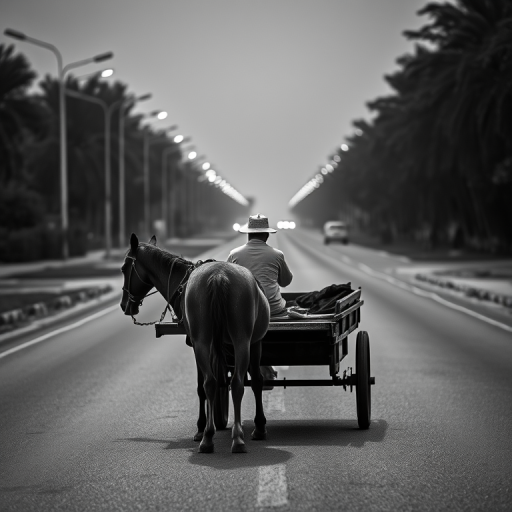 Create a high-resolution black and white image of a person sitting on a cart being pulled by a horse on an empty road with street lights and trees in the background, shot with a Canon EOS R5, 50mm f/1.8 lens, aperture at f/2.8, ISO 100, using a shallow depth of field for a soft background blur.