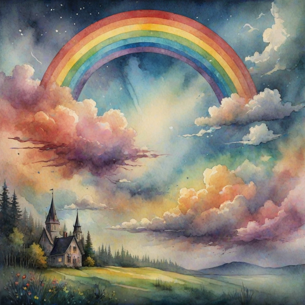 A whimsical and surreal sky with a vibrant rainbow, featuring dramatic lighting effects and a textured watercolor background, with a touch of gothic aesthetic.