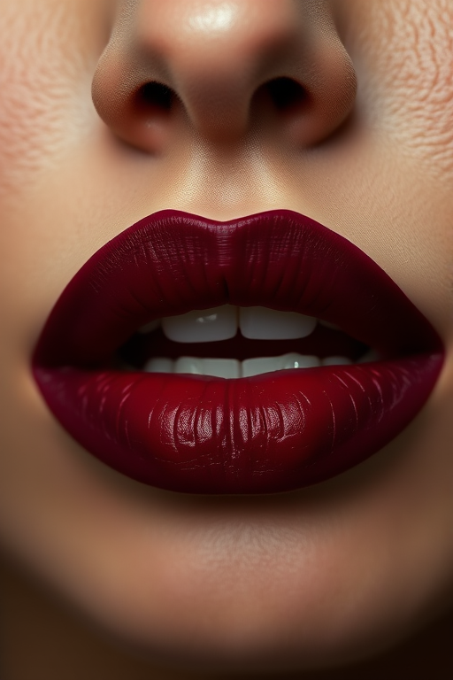 Alluring image of burgundy wine lips with a velvet matte texture, highlighting rich pigmentation and sophisticated elegance