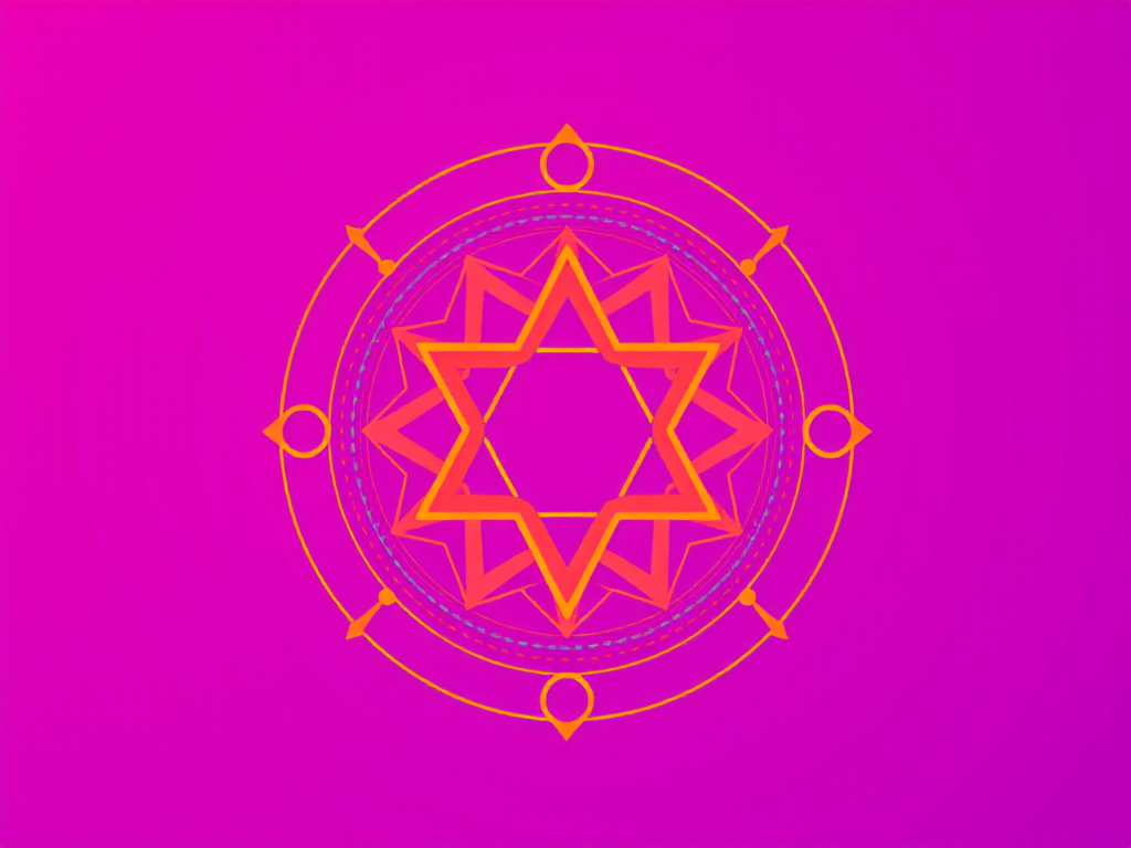 Create a high-resolution vector image of a geometric design featuring a central hexagram surrounded by circles, with vibrant pink and orange colors against a gradient purple background, using a Canon EOS 5D Mark IV with a 50mm f/1.8 lens, aperture set to f/8, ISO 100, and a slight vignette effect.