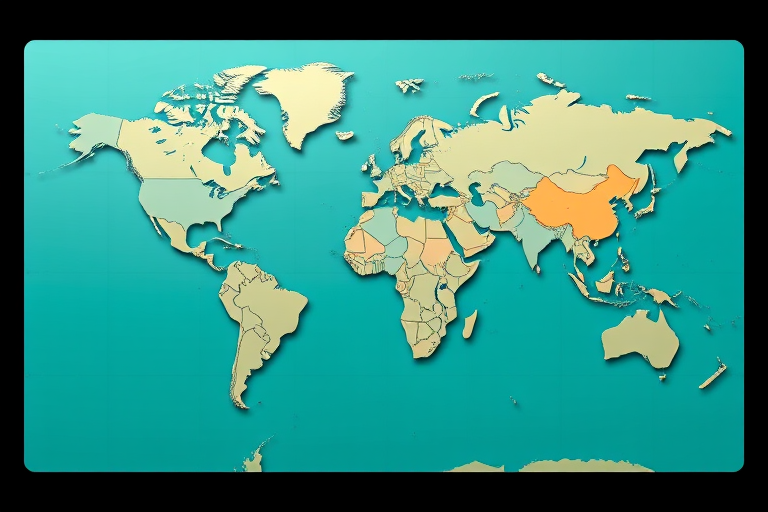 Create a high-resolution world map with a teal background and black borders, using a wide-angle lens, f-stop of 8, ISO 100, and shot from an aerial view with a digital camera.