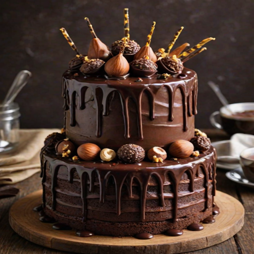 Create an image of a decadent chocolate cake with a textured, layered appearance. The cake should be adorned with an assortment of chocolate bars, hazelnuts, and a rich chocolate ganache dripping down the sides. Include decorative elements like a jar of chocolate spread and various chocolate treats on top, creating a visually indulgent dessert. The setting should be a simple plate on a wooden table, highlighting the cake's details.