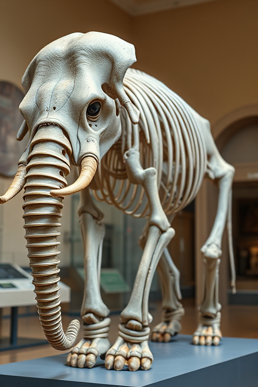 Create a high-resolution image of a detailed elephant skeleton displayed in a museum setting, using a DSLR camera with a 50mm lens, aperture f/8, ISO 200, natural lighting, and focused on the side view for clarity and depth.