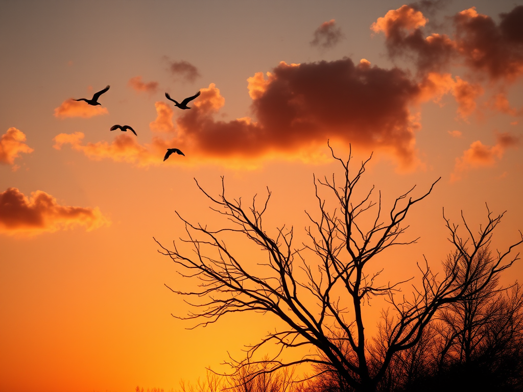 sunset with a silhouette of a barren tree and birds in flight, vibrant orange sky with clouds, wide angle view, DSLR camera, f/11 aperture, ISO 100, 1/200 second exposure