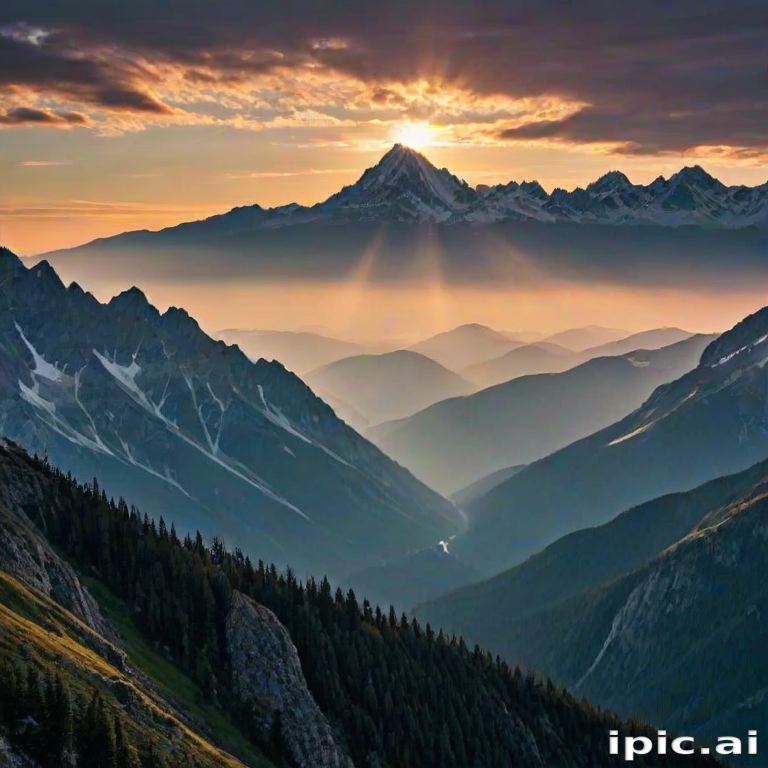 Majestic Sunrise Over Mountain Peaks with Lush Green Valleys Below