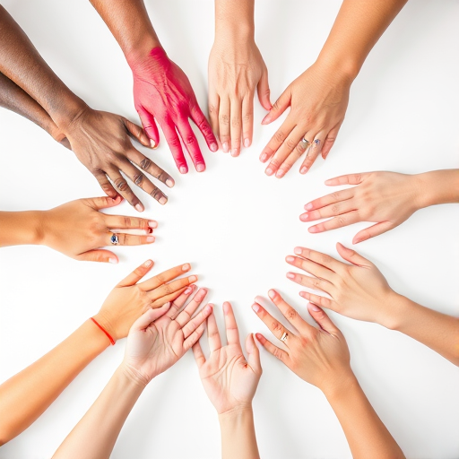 colorful hands in a radial pattern on a white background, low-angle view, circular composition, DSLR camera, aperture f/8, shutter speed 1/250s, ISO 100