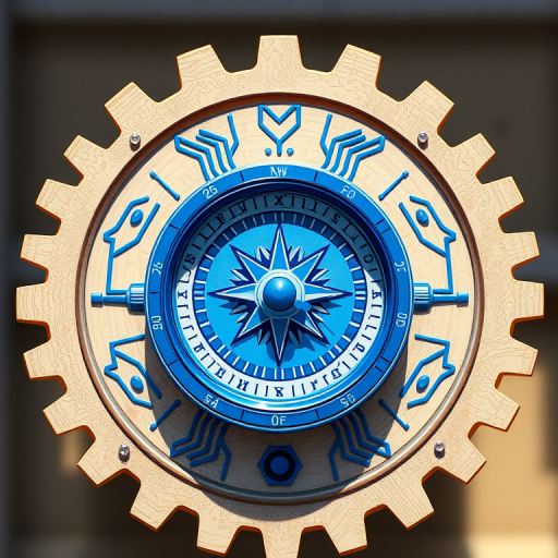 Create a high-resolution digital illustration of a blue compass integrated into a gear, with circuit patterns extending from both sides, using a 50mm lens, aperture f/8, ISO 100, shot in natural light from a front-facing view with minimal shadows, ensuring vibrant colors and sharp details.
