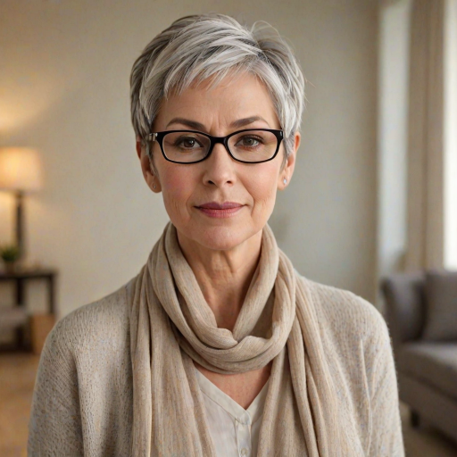 Portrait of a mature woman with short silver hair, styled in an asymmetrical pixie cut with side bangs. She wears black-framed glasses and a beige blouse with a white cardigan over it, as well as a bulky scarf in neutral tones. The woman is indoors with soft lighting and a blur in the background. Her expression is serene and confident, highlighting her elegance and modern style.