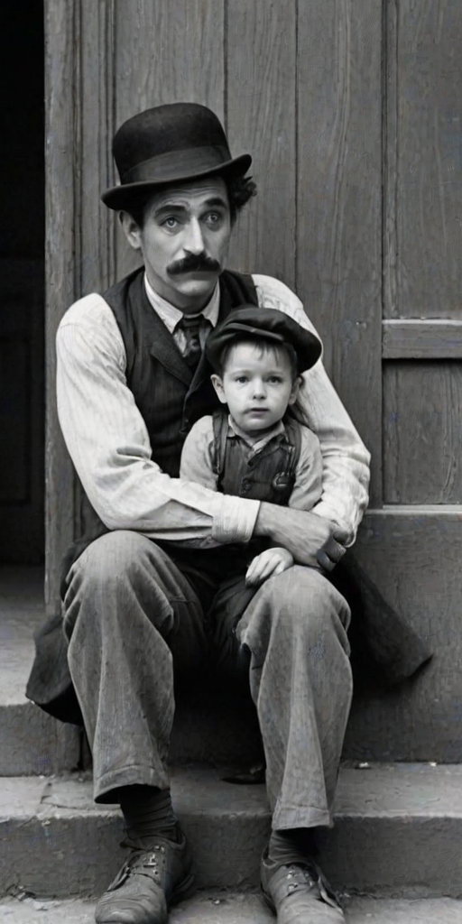 A black-and-white photograph of a man and a child sitting on steps in front of a doorway. The man is dressed as a tramp with a bowler hat, mustache, and ragged clothes, reminiscent of Charlie Chaplin's iconic look. He is sitting with his arms crossed and an expression of slight sadness or frustration. Next to him is a young boy, also in worn clothes and a cap, sitting with his hands clasped, looking thoughtful. The background is an old, textured wall and a partially open door, creating a vintage, early 20th-century atmosphere.