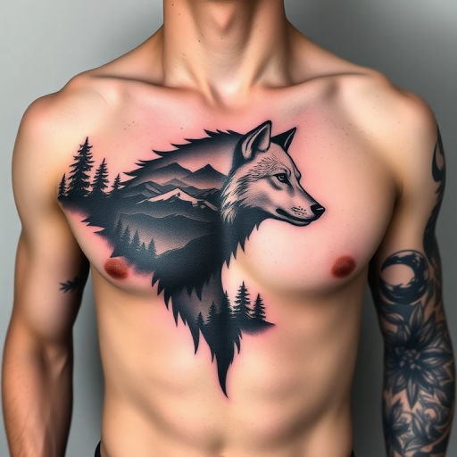Striking negative space tattoo on the chest and shoulders revealing a scenic landscape within the silhouette of a wolf with precise linework and shading