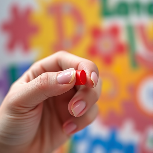 A close-up shot of a hand holding a red marker, with a blurred colorful background, taken with a Canon EOS R6, 50mm lens, f/1.8 aperture, ISO 200, shutter speed 1/200s, in natural daylight.