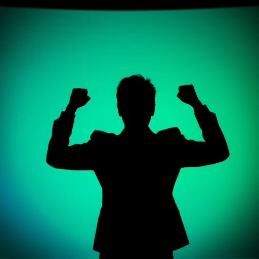 Create a silhouette of a person in a suit with raised fists celebrating, against a vibrant gradient background of green and blue, using a 50mm lens, f/1.8 aperture, ISO 100, with a shallow depth of field for a blurred background, captured in low light photography style with a DSLR camera.