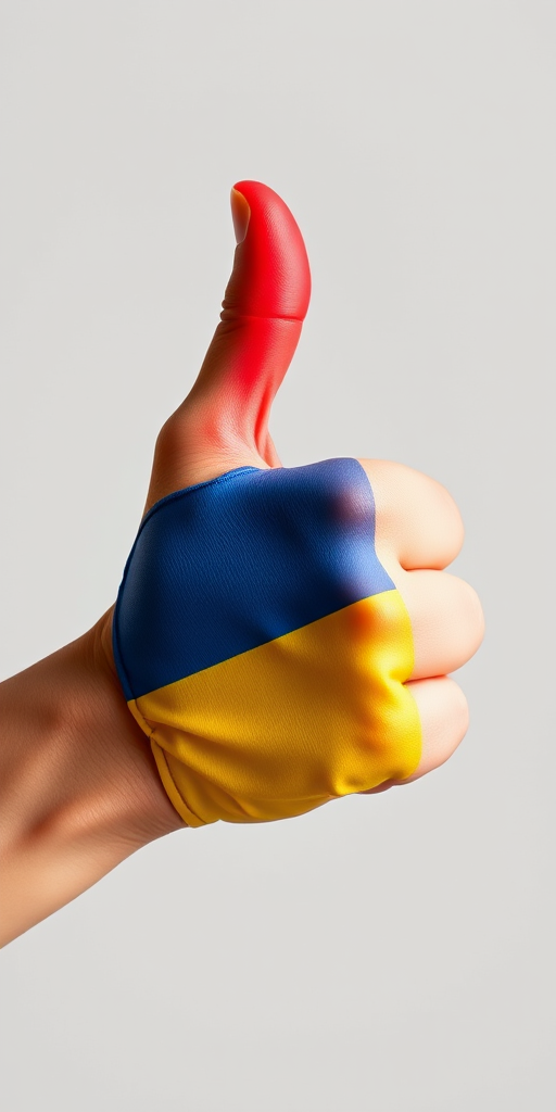 Generate an image of a hand giving a thumbs up with the Colombian flag colors of yellow, blue, and red on the fingers, ensure high resolution with a DSLR camera setting of f/2.8, ISO 100, and a 50mm lens, shot from a close-up perspective against a neutral background for clarity.