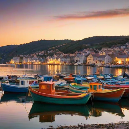 Soft-focus image of a charming fishing village at sunset, with colorful boats docked in the harbor and soft light reflecting off the water, creating a peaceful ambiance.