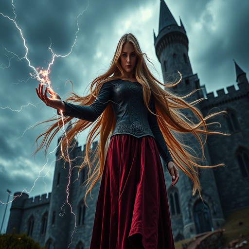 Generate a high-fantasy scene featuring a powerful sorceress with long flowing hair wielding lightning, standing in front of a dark medieval castle with stormy skies, using a Canon EOS R5 at f/1.8, ISO 100, 1/200s, with a wide-angle lens, low-angle perspective, and dramatic lighting to enhance details and atmosphere.