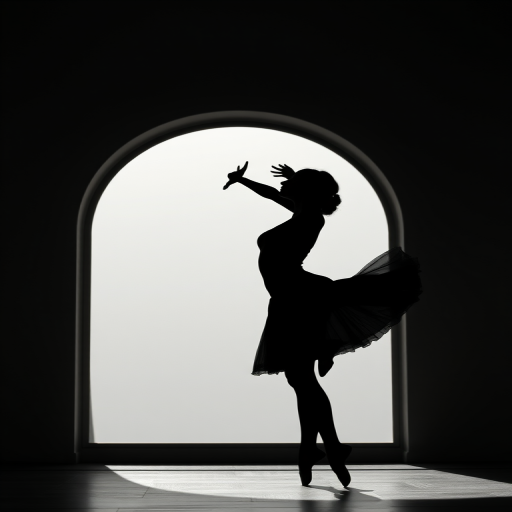 Create a high-resolution image of a stylized black silhouette of a dancer in an elegant pose, shot with a Canon EOS 5D Mark IV at f/2.8, ISO 100, 1/200 sec, using a wide-angle lens, soft natural lighting, and a minimalistic background for contrast.