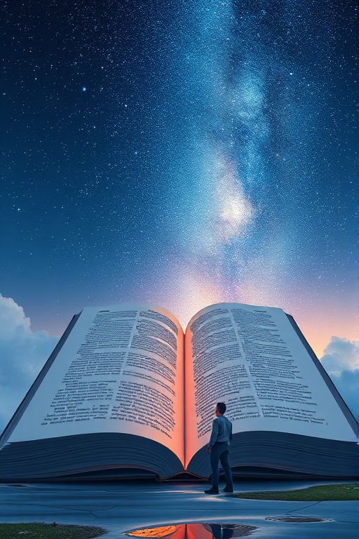 a surreal illustration of a giant open book with a starry sky inside, a person standing beside it, high detail, 50mm lens, f/1.8 aperture, ISO 100, natural lighting, shot from a low angle perspective, digital art style