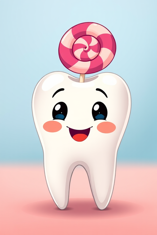 create a cartoon-style illustration of a cute tooth character with a lollipop on top, using a vibrant color palette, captured with a DSLR camera at f/4 aperture, 50mm lens, ISO 200, in a well-lit studio environment with a soft focus background to enhance image quality