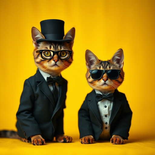 Generate an image of two anthropomorphic cats dressed in black suits and hats, one wearing glasses with yellow eyes and the other with sunglasses, set against a textured yellow background, using a DSLR camera with a 50mm lens, f/2.8 aperture, ISO 100, 1/250s shutter speed, shot in a portrait orientation with soft lighting to emphasize details.