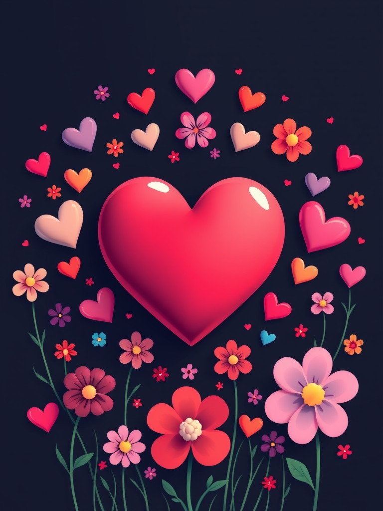 Create an illustration of a large heart in the center surrounded by smaller colorful hearts and flowers in various shades, use vibrant colors on a dark background, shot with a DSLR camera at f/4, 50mm lens, ISO 100, aperture priority mode, and a vibrant color profile.