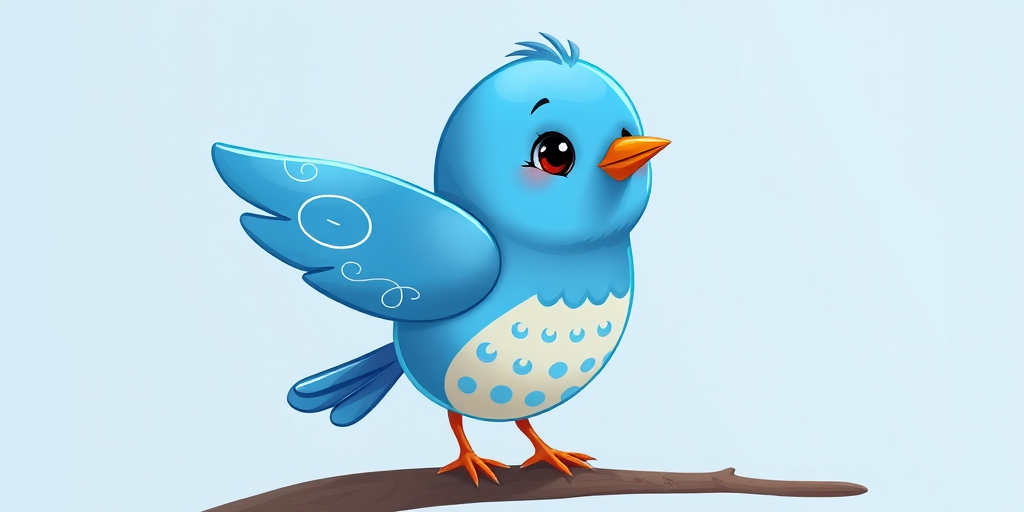 Create a digital illustration of a cartoon blue bird with decorative swirls on its wings and a patterned belly, using a high-resolution setting on a DSLR camera with an aperture of f/2.8, ISO 100, and a focal length of 50mm, viewed from a slightly elevated angle with soft lighting to enhance colors and details.