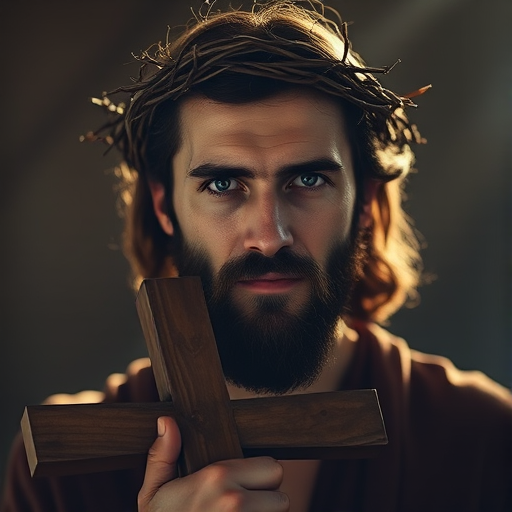 Create a dramatic portrait of a man with a crown of thorns, holding a wooden cross, with soft backlighting to create a halo effect around his head, shot with a Canon EOS R5 at f/1.8, ISO 100, 85mm lens, in a cinematic style with a focus on emotional depth and rich textures.