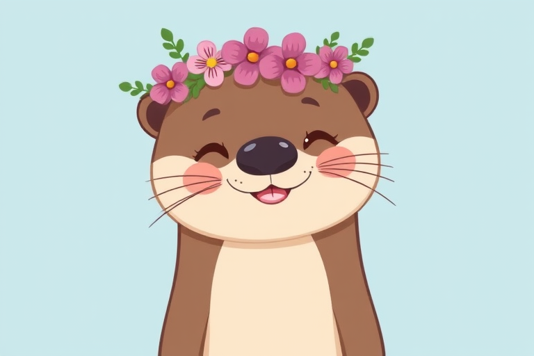 Cute cartoon otter wearing a floral crown with pink and purple flowers against a light blue background, smiling and looking friendly.
