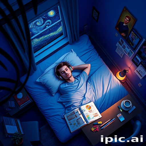 A top-down Van Gogh-style painting of a young man lying on his bed, listening to music with headphones. The room is softly lit with deep blues and purples, creating a peaceful nighttime atmosphere. The bed has a soft pillow, and the man's arms are resting behind his head. Around the bed, various glowing gadgets such as a smartphone, a laptop, and a small lamp are visible, casting a gentle light. The rest of the bedroom includes a desk with books, a chair, and a small rug on the floor. A window near the bed reveals a starry night sky with swirling stars, reminiscent of Van Gogh's 'Starry Night.' On the desk, there is a sketchbook with colorful drawings, a cup of coffee steaming gently, and a small potted plant. The walls have posters of famous paintings and a corkboard with pinned notes and photos. The scene is full of dynamic, swirling brushstrokes, capturing the essence of Van Gogh's unique style. The overall mood is serene and contemplative, with a touch of artistic inspiration.