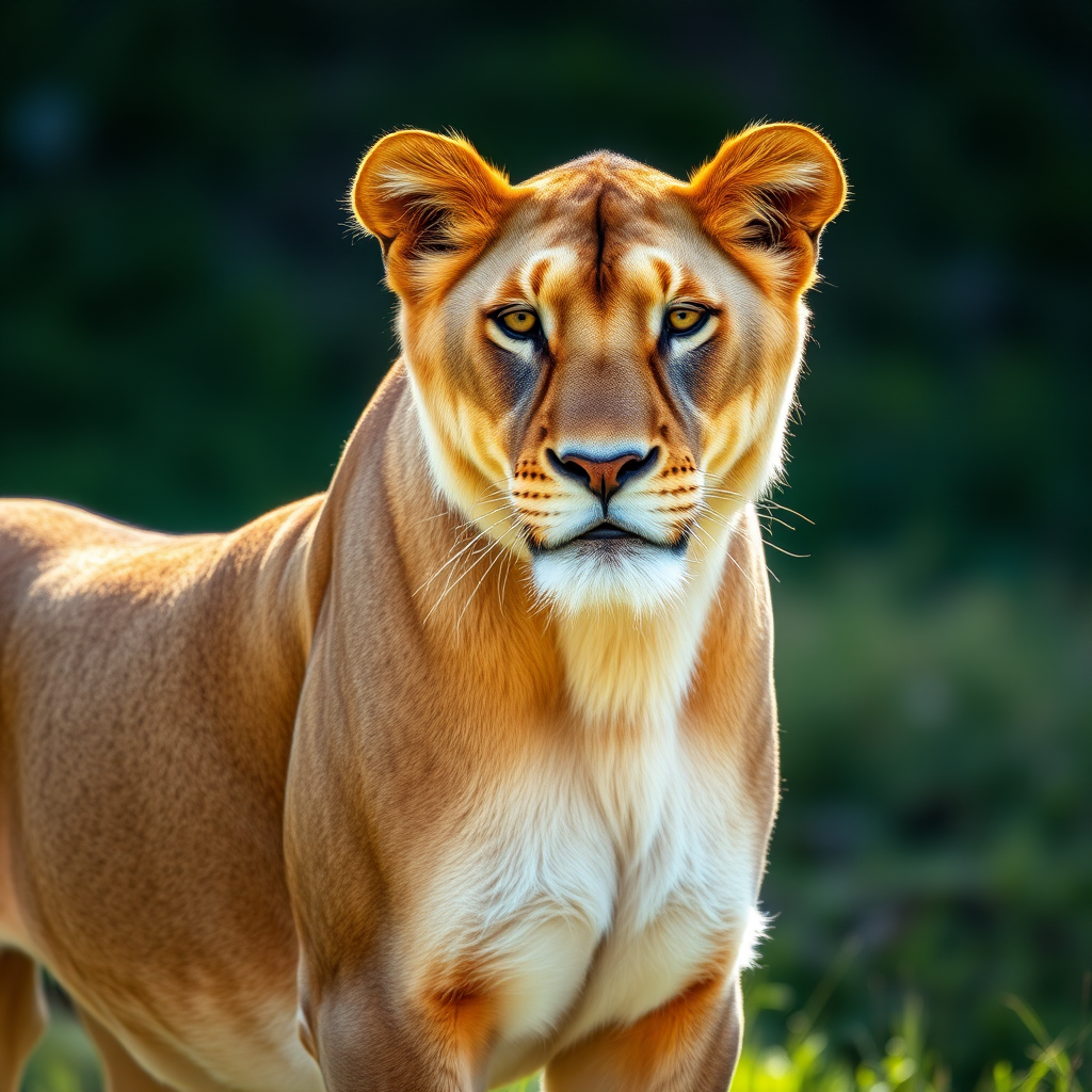 lioness standing majestically in natural light with a shallow depth of field, 85mm lens, f/2.8 aperture, ISO 400, shot at eye level, DSLR camera, vibrant colors and sharp details