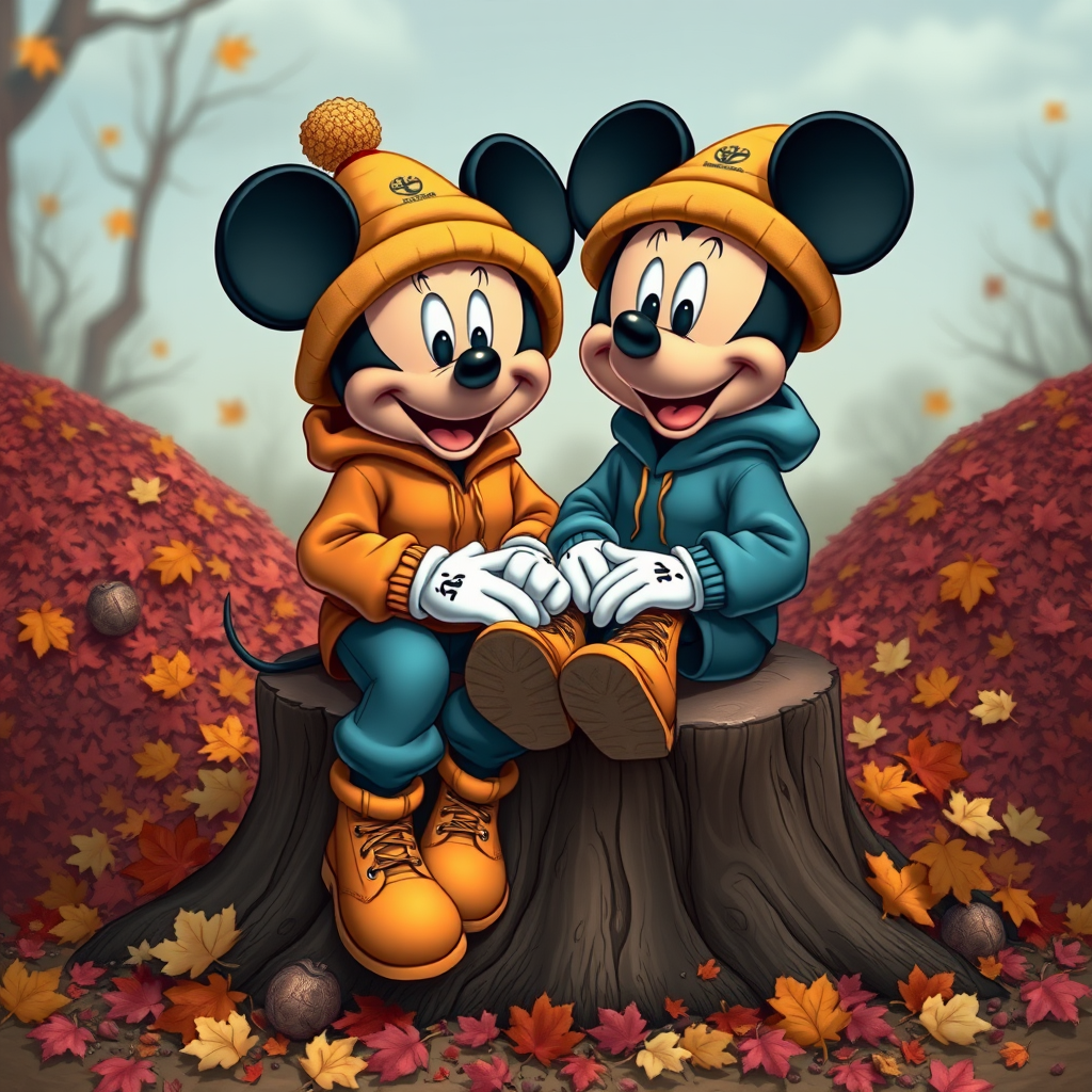 create a cartoon style of Mickey and Minnie wear Fall theme colored sweat suits with timberland boots and Bernie hats sitting together on a big tree stump surrounded by large color pile of raked leaves