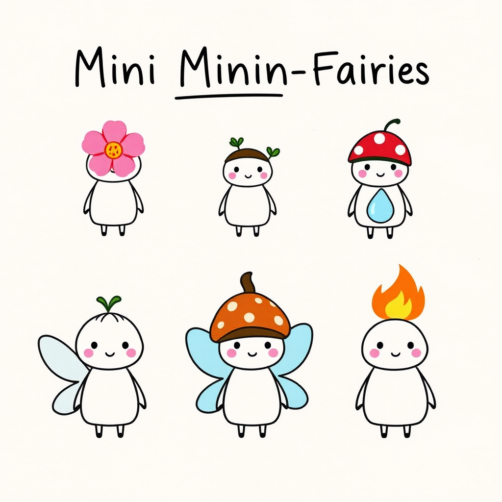 "Create an illustration featuring six cute, simple figures with various whimsical themes. Arrange them in two rows:

1. **Top Row:**
   - First figure: A tiny character with a pink flower on its head.
   - Second figure: A little character with green leaves sprouting from its head.
   - Third figure: A small character with an acorn cap on its head.
   - Fourth figure: A character with a red and white spotted mushroom cap.

2. **Bottom Row:**
   - First figure: A character with small butterfly wings.
   - Second figure: A character with a blue water droplet shape on its head.
   - Third figure: A character with a small flame on its head.

Use a soft, hand-drawn style on a textured paper background and label it ""Mini Minion Fairies"" at the top."