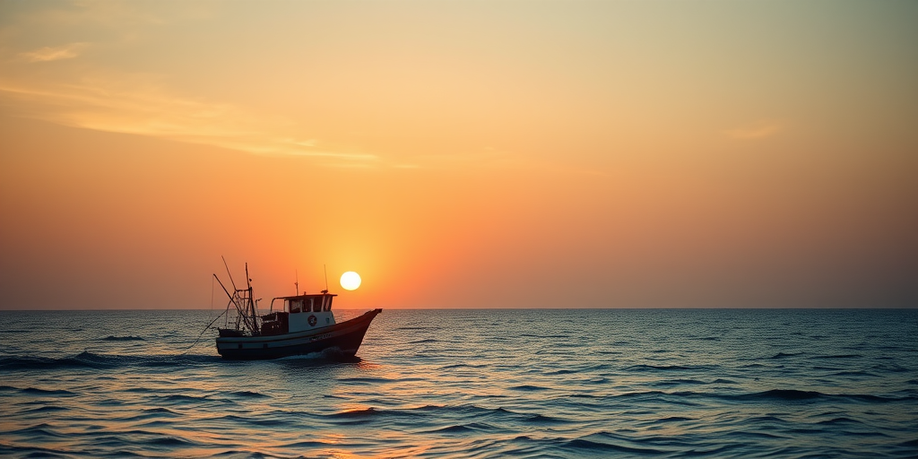 Capture a serene sunset view over the ocean with a fishing boat in the foreground, using a Canon EOS 5D Mark IV, 50mm lens, aperture f/8, ISO 100, shutter speed 1/200s, with a warm color palette and soft focus for a tranquil atmosphere.