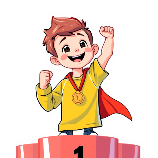 Create an illustration of a young boy with a triumphant pose holding a medal on a podium, using a bright color palette, captured with a DSLR camera at f/4 aperture, 50mm lens, natural lighting, and vibrant contrast to enhance image clarity.