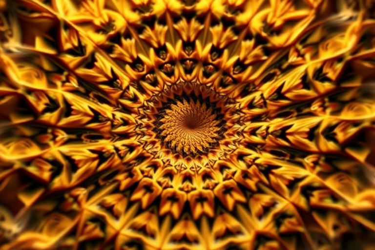 generate a highly detailed fractal structure with intricate geometric patterns and a golden hue under soft lighting, shot with a DSLR camera at f/8, ISO 100, 1/200 sec shutter speed, from a bird's-eye view using a macro lens to capture texture and depth