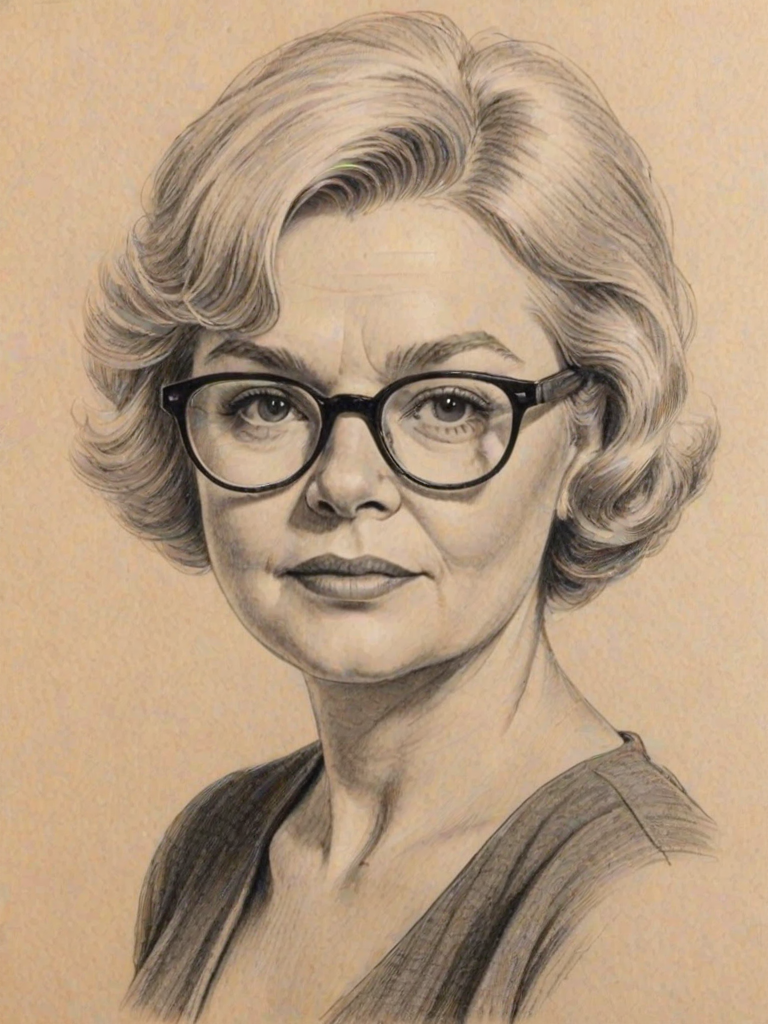 Elegant June Squibb, pencil sketch, portrait of Attractive woman 1951s in glasses, hair style beatnik, outline, clear lines, fine lines, 8k