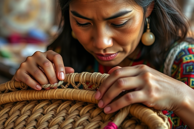 Close-up of a woman’s hands weaving a traditional basket, with colorful materials surrounding her, and soft light illuminating her focused expression, showcasing craftsmanship and skill.