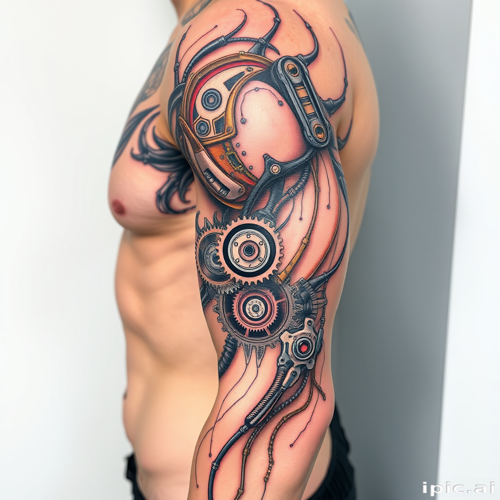 Biomechanical tattoo called "Cybernetic Fusion" depicting a seamless integration of human anatomy and mechanical components, with exposed gears, pistons, and circuitry merging with muscles and tendons in a futuristic and surreal design
